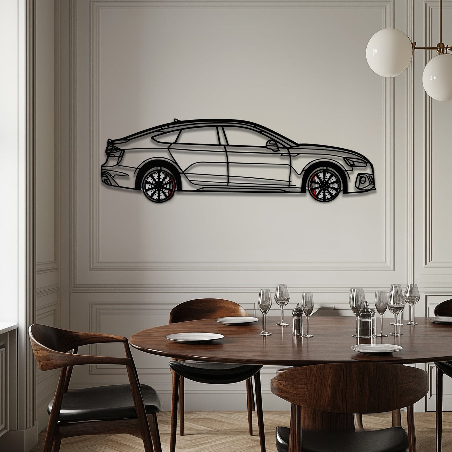 Audi RS5 Metal Car Wall Art with Rotating Wheels - Performance Sportback Silhouette Decor - Interactive Automotive Wall Art - KAFMEKA097