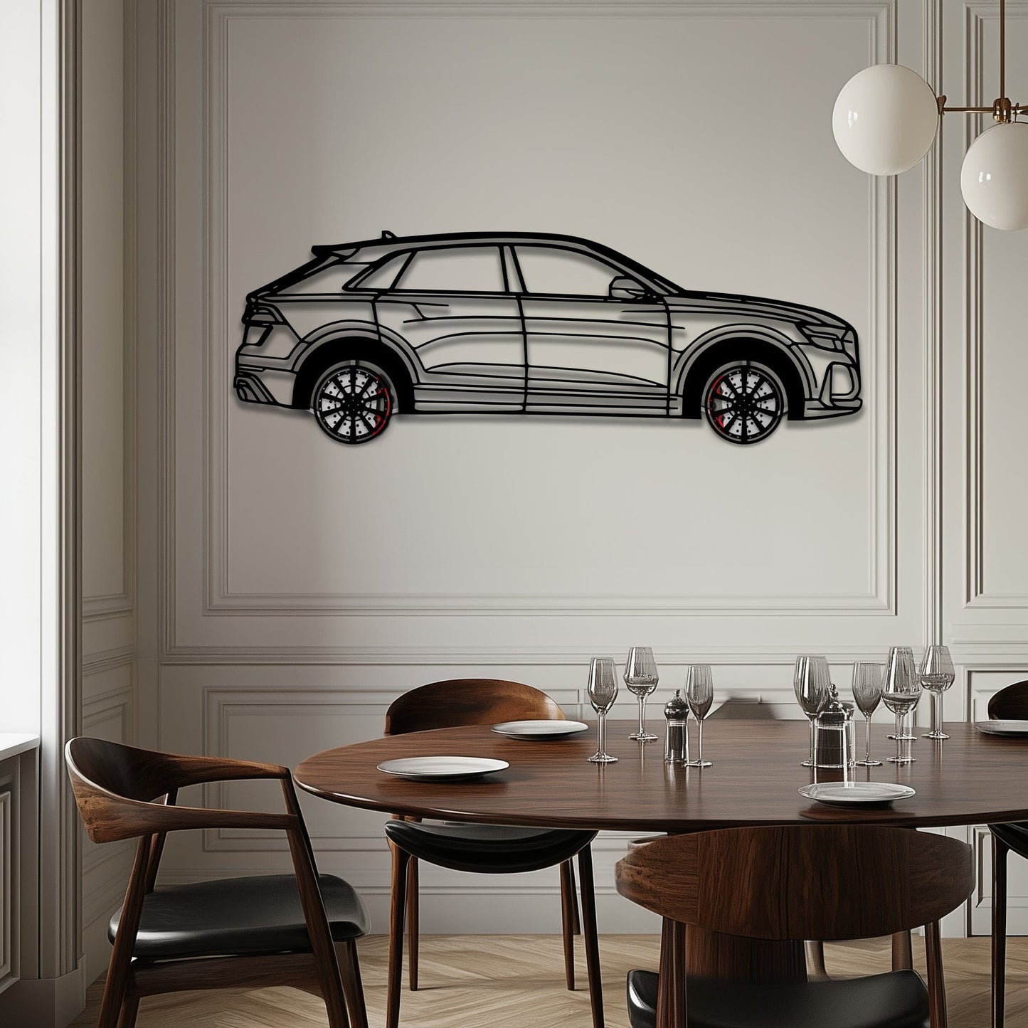 Audi Q8 Metal Car Wall Art with Rotating Wheels - Handmade Luxury SUV Silhouette Decor - Automotive Wall Art for Petrolheads - KAFMEKA095