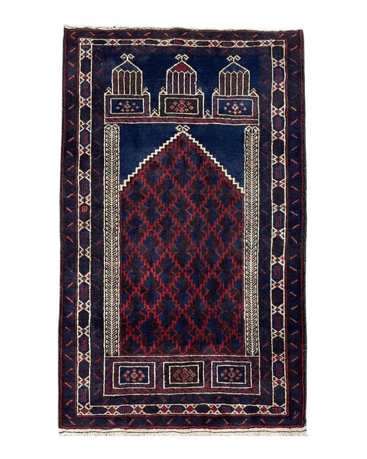 3x5 Vintage Handmade Tribal Wool Rug Balouchi Prayer Rug Afghan Rug Red Blue Wow