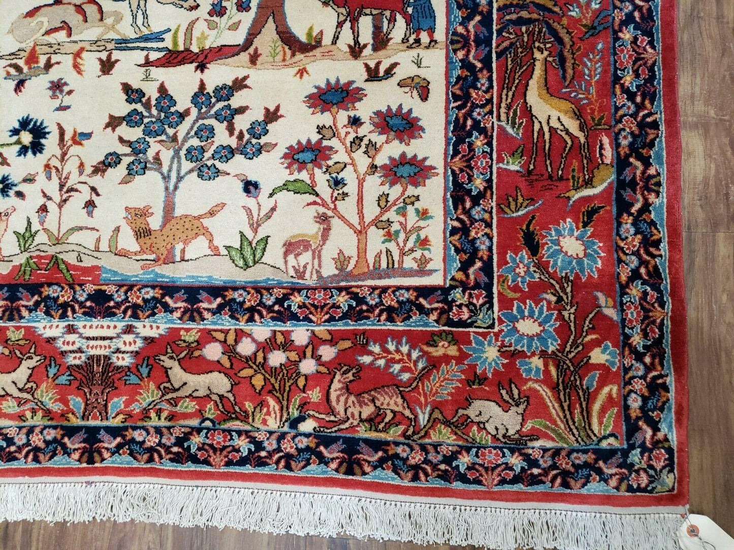 Antique Persian Isfahan Rug 5x7, Animal and Human Pictorials, Hand Knotted Fine Oriental Wool Carpet, Cream and Red, High KPSI, Vintage Rug 5 x 7 ft