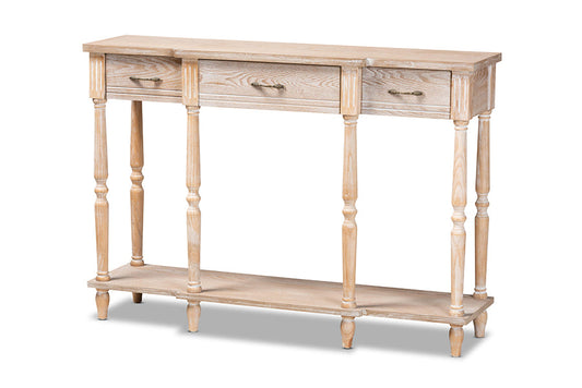 Baxton Studio Hallan Classic and Traditional French Provincial Rustic Whitewashed Oak Brown Finished Wood 3-Drawer Console Table