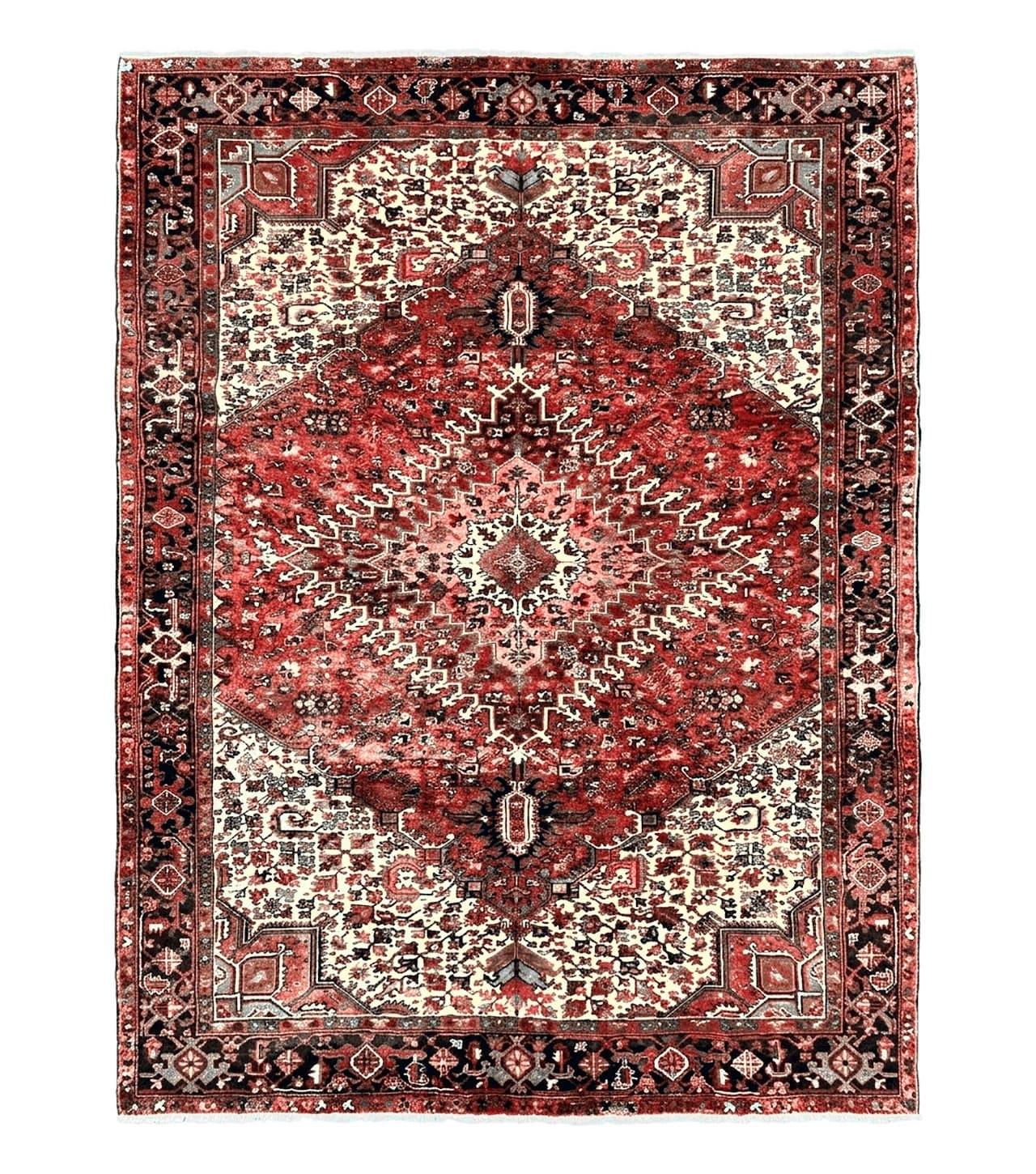 Large Persian Heriz Rug 10x13, Red and Cream Geometric Tribal Room Sized Handmade Wool Hand Knotted Semi Antique Decorative Oriental Carpet