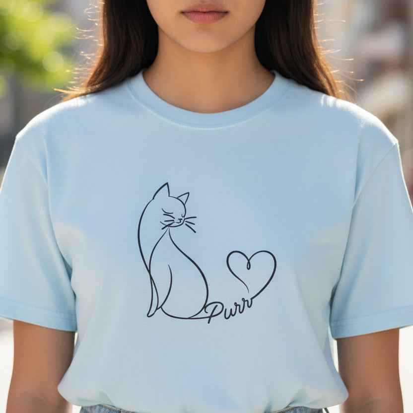 Purr Line Art Cat Unisex T-Shirt | Minimal Cat Lover Tee with Heart Tail