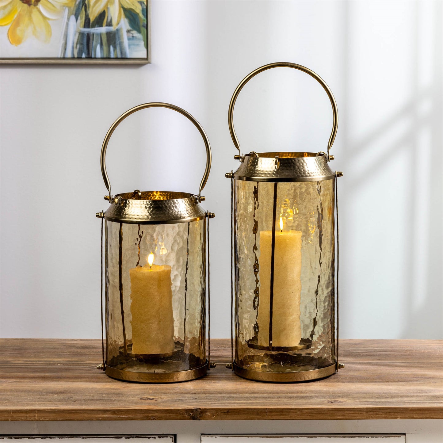 Wavy Amber Glass Lantern 13"H