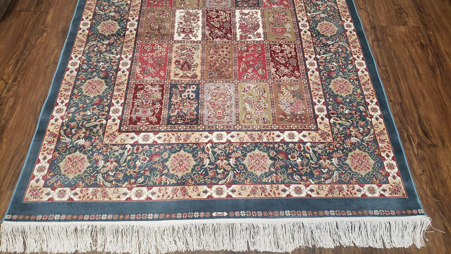 Silk Carpet 4x6 Blue, Panel Design, Four Seasons Pattern, Super Fine & Soft, Bamboo Silk, 4 x 6 Oriental Area Rug, High Quality, New Rug