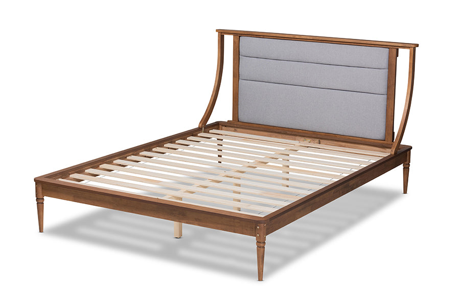 Baxton Studio Regis Modern and Contemporary Transitional Light Grey Fabric Upholstered and Walnut Brown Finished Wood Queen Size Platform Bed