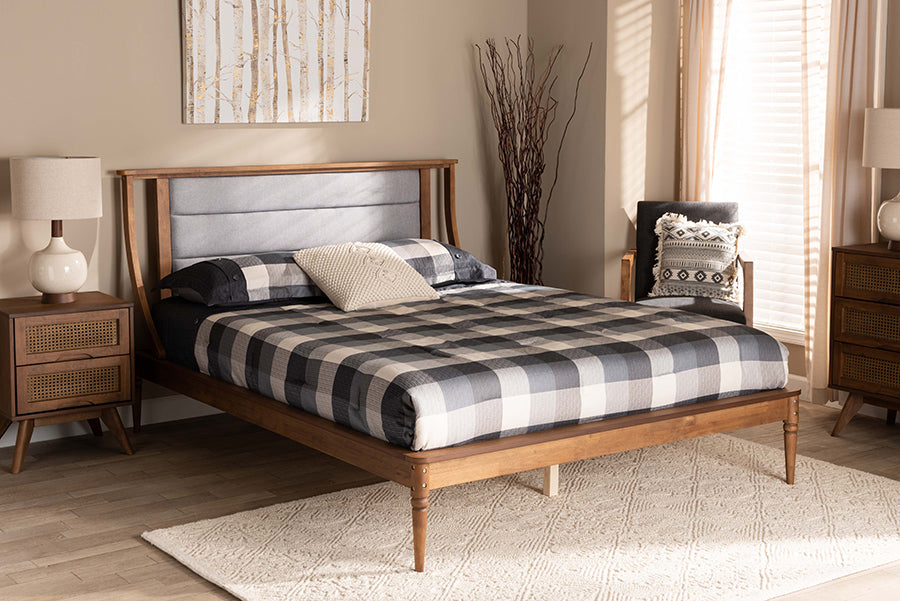 Baxton Studio Regis Modern and Contemporary Transitional Light Grey Fabric Upholstered and Walnut Brown Finished Wood Queen Size Platform Bed
