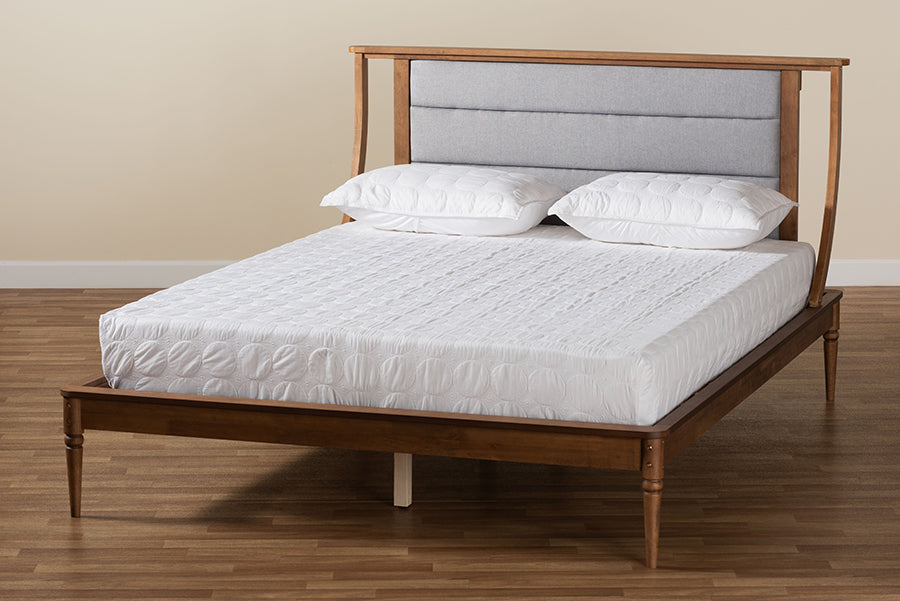 Baxton Studio Regis Modern and Contemporary Transitional Light Grey Fabric Upholstered and Walnut Brown Finished Wood King Size Platform Bed