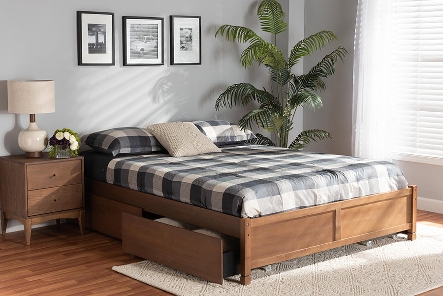 Baxton Studio Yara Modern and Contemporary Walnut Brown Finished Wood King Size 4-Drawer Platform Storage Bed Frame