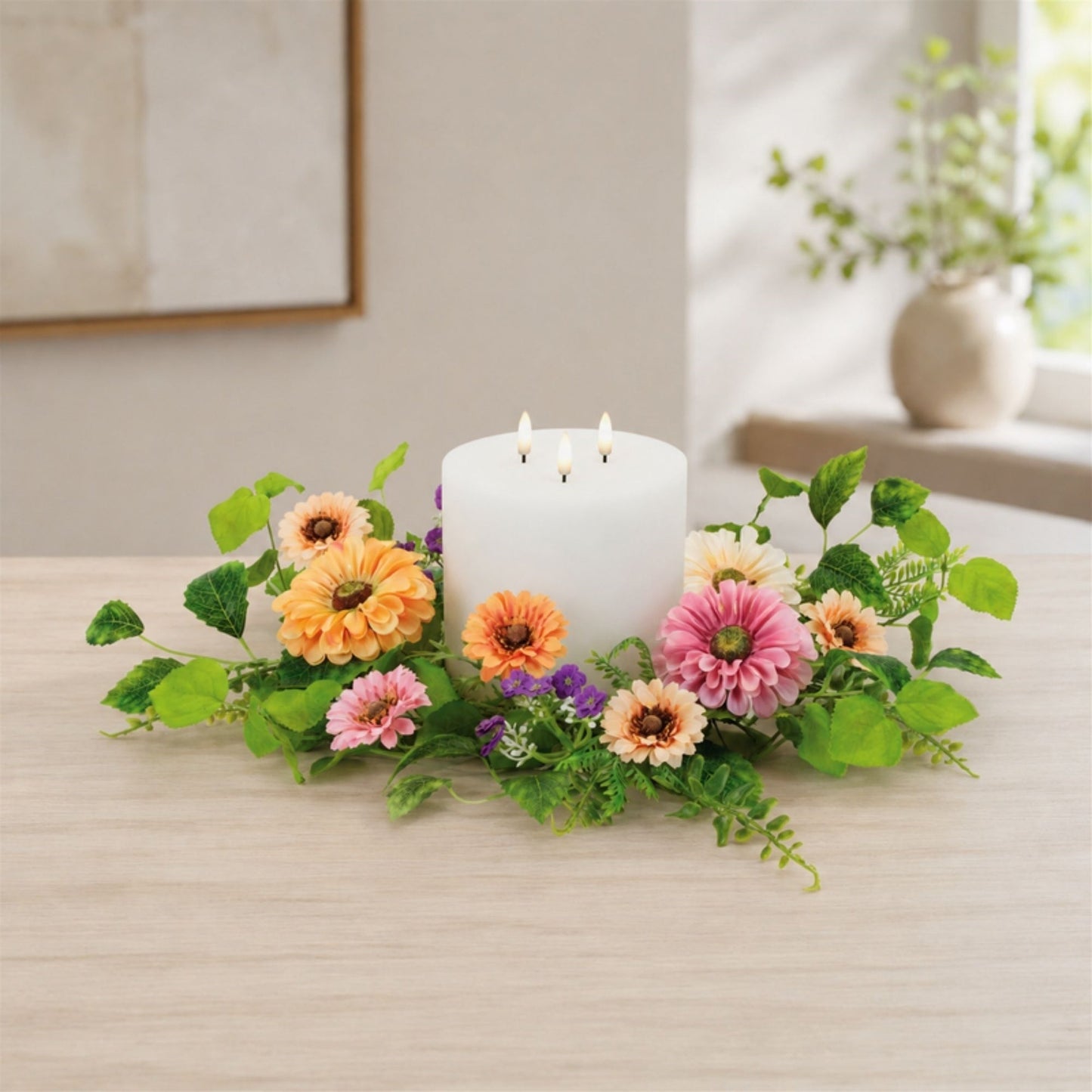Mixed Zinnia Floral Candle Ring 18"D