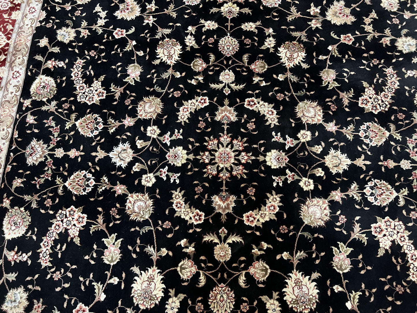 Sino Persian Rug 9x12, High Quality Oriental Carpet, Black and Maroon, Wool and Silk, Allover Floral Pattern, Hand Knotted, Vintage Rug Nice