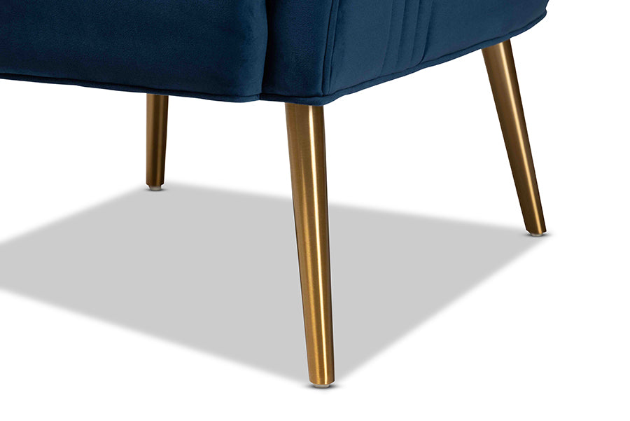 Baxton Studio Nelson Modern Luxe and Glam Navy Blue Velvet Fabric Upholstered and Gold Finished Metal Armchair