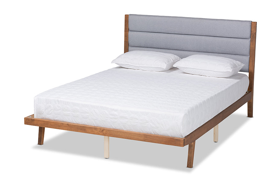Baxton Studio Jarlan Modern and Contemporary Transitional Grey Fabric Upholstered and Walnut Brown Finished Wood Queen Size Platform Bed