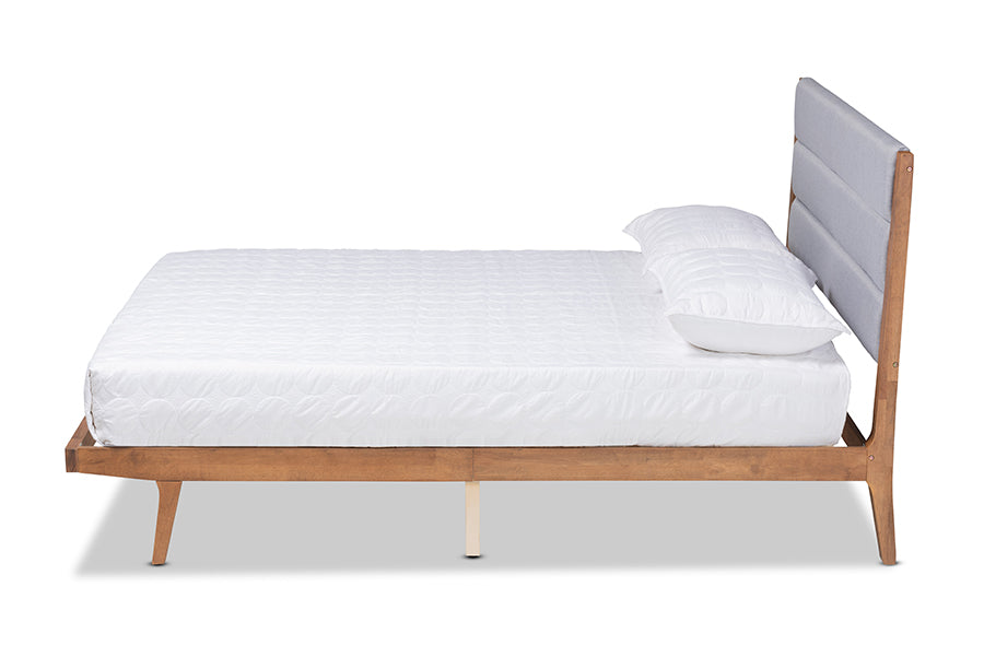 Baxton Studio Jarlan Modern and Contemporary Transitional Grey Fabric Upholstered and Walnut Brown Finished Wood Queen Size Platform Bed