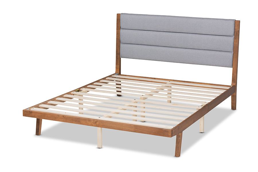 Baxton Studio Jarlan Modern and Contemporary Transitional Grey Fabric Upholstered and Walnut Brown Finished Wood Queen Size Platform Bed