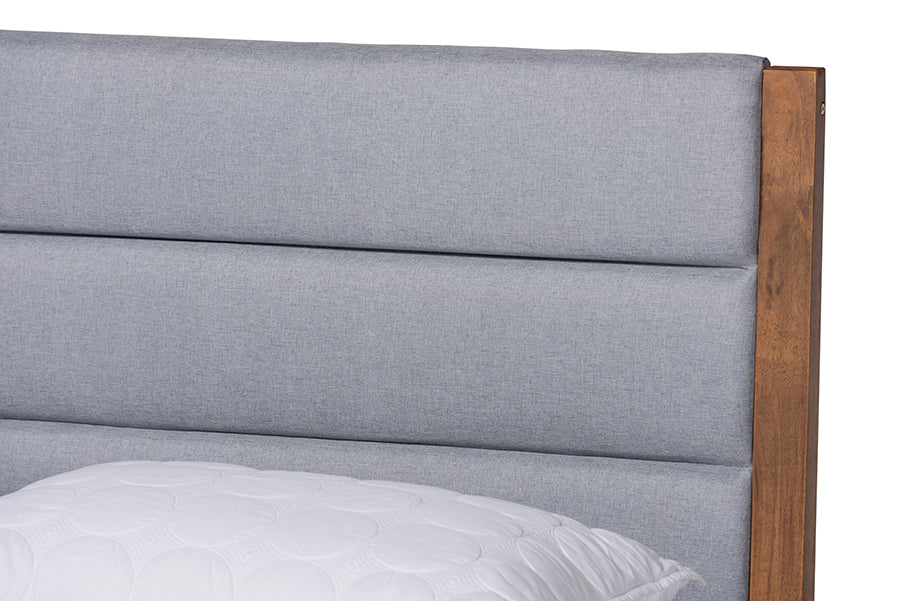Baxton Studio Jarlan Modern and Contemporary Transitional Grey Fabric Upholstered and Walnut Brown Finished Wood Queen Size Platform Bed