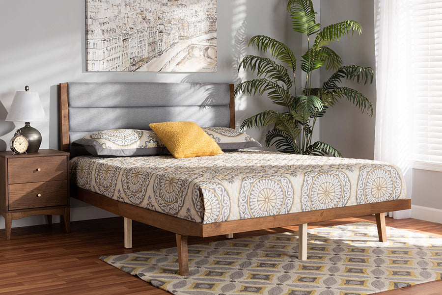 Baxton Studio Jarlan Modern and Contemporary Transitional Grey Fabric Upholstered and Walnut Brown Finished Wood Full Size Platform Bed