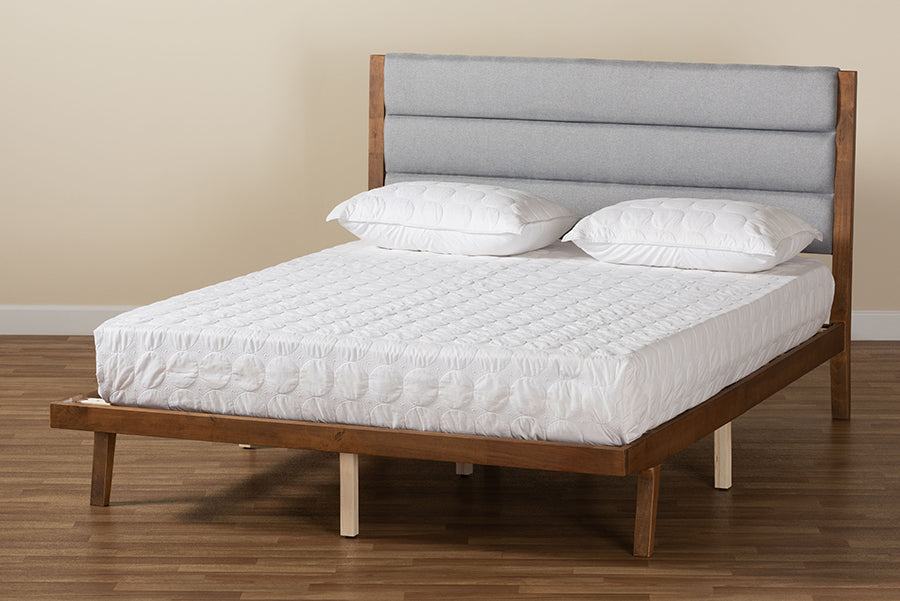Baxton Studio Jarlan Modern and Contemporary Transitional Grey Fabric Upholstered and Walnut Brown Finished Wood Queen Size Platform Bed