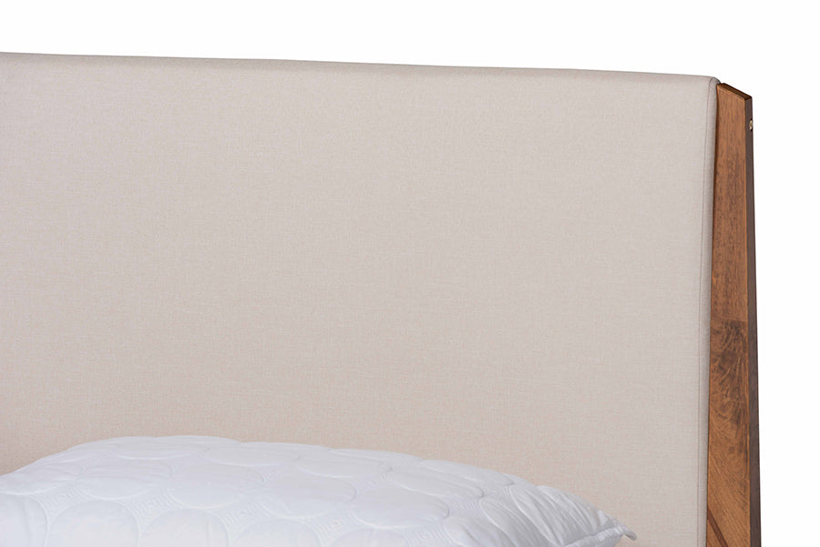 Baxton Studio Lenora Mid-Century Modern Beige Fabric Upholstered and Walnut Brown Finished Wood Queen Size Platform Bed