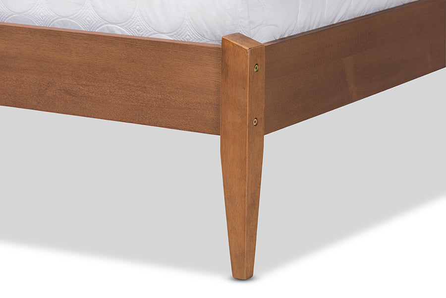 Baxton Studio Lenora Mid-Century Modern Beige Fabric Upholstered and Walnut Brown Finished Wood Queen Size Platform Bed