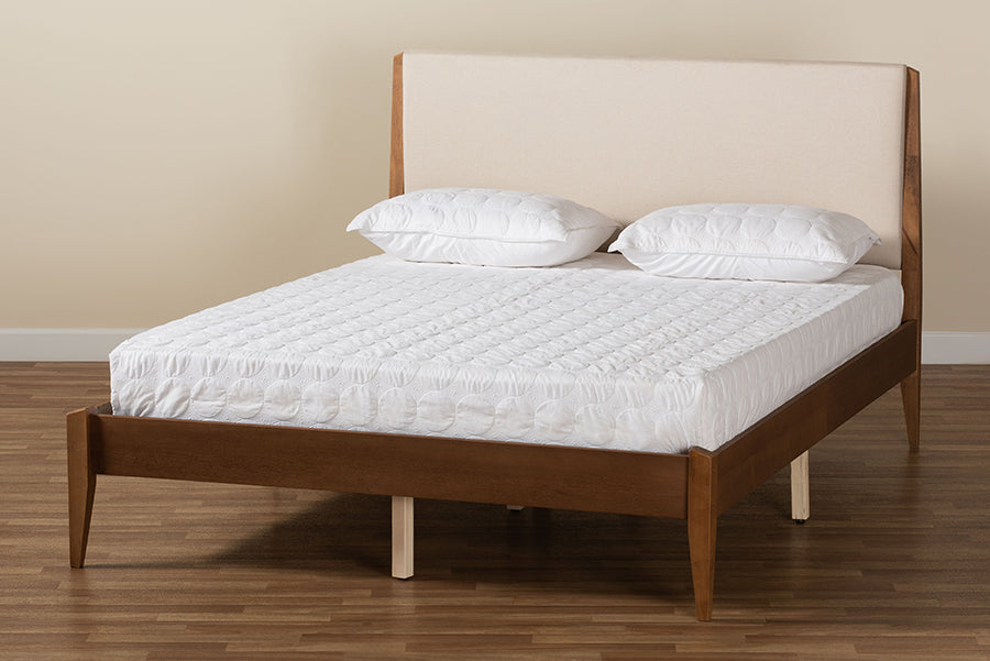 Baxton Studio Lenora Mid-Century Modern Beige Fabric Upholstered and Walnut Brown Finished Wood Queen Size Platform Bed