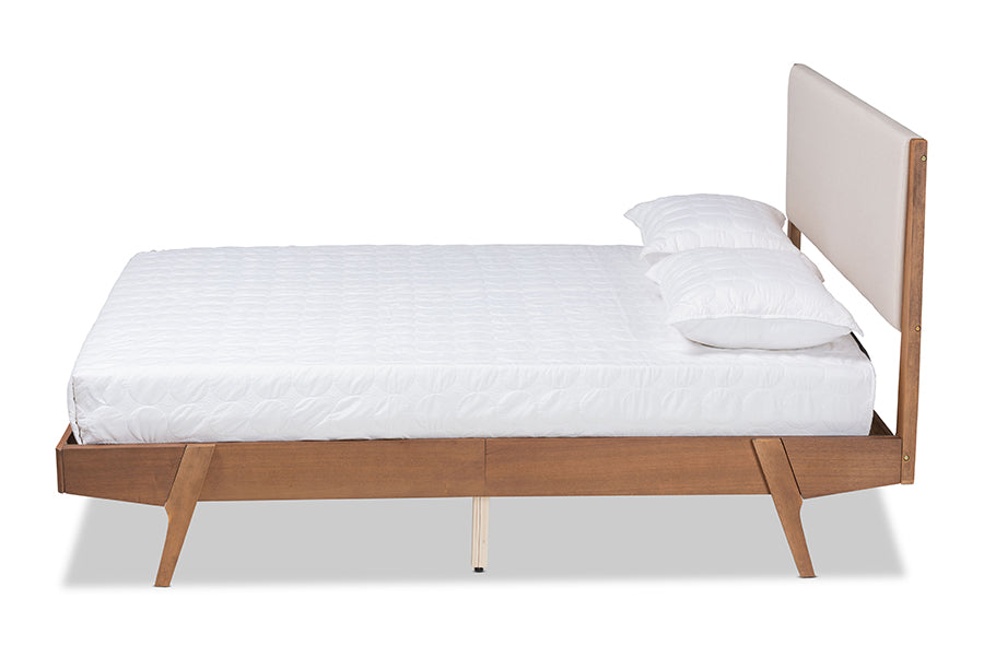 Baxton Studio Senna Mid-Century Modern Beige Fabric Upholstered and Walnut Brown Finished Wood King Size Platform Bed