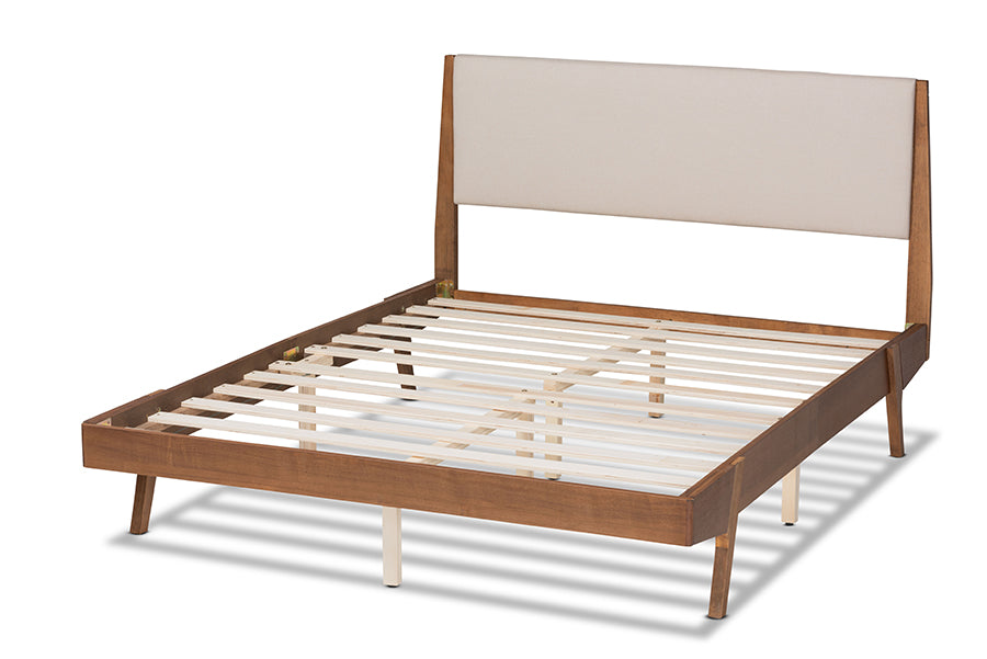 Baxton Studio Senna Mid-Century Modern Beige Fabric Upholstered and Walnut Brown Finished Wood King Size Platform Bed