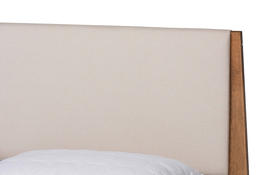 Baxton Studio Senna Mid-Century Modern Beige Fabric Upholstered and Walnut Brown Finished Wood King Size Platform Bed