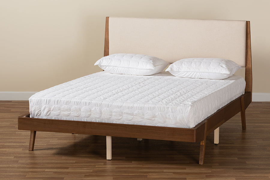 Baxton Studio Senna Mid-Century Modern Beige Fabric Upholstered and Walnut Brown Finished Wood King Size Platform Bed