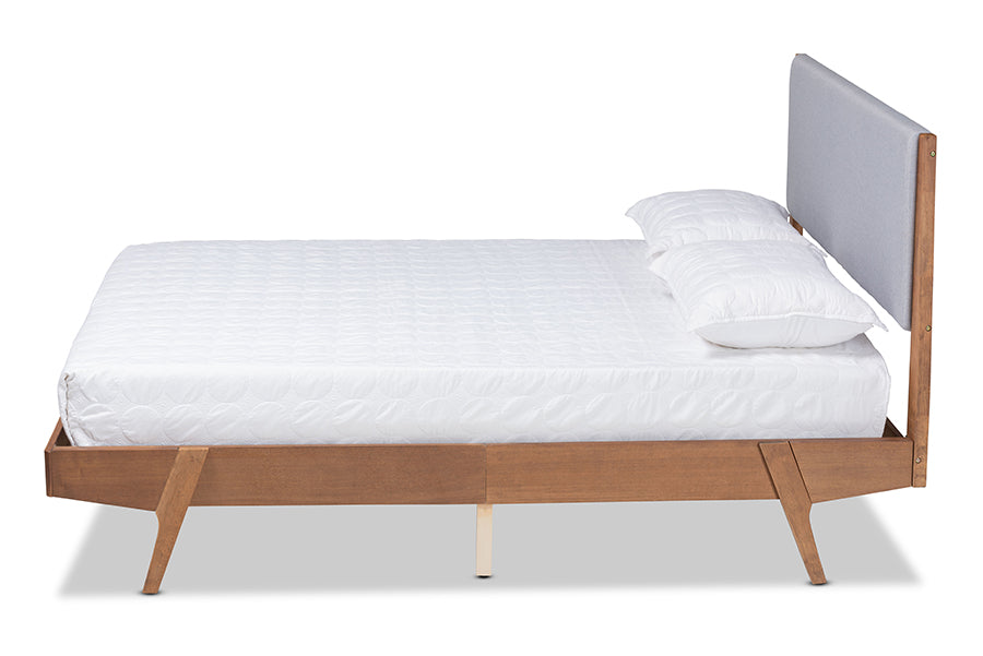 Baxton Studio Senna Mid-Century Modern Grey Fabric Upholstered and Walnut Brown Finished Wood Full Size Platform Bed