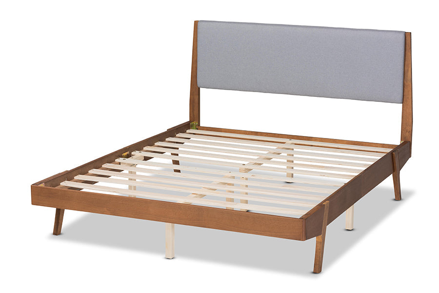 Baxton Studio Senna Mid-Century Modern Grey Fabric Upholstered and Walnut Brown Finished Wood King Size Platform Bed