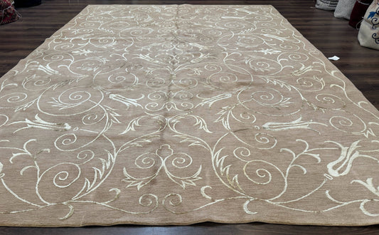 Tibetan Rug 9x12 Wool and Silk Beige Modern Handmade Carpet