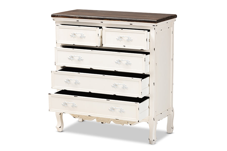 Baxton Studio Levron Classic and Traditional Two-Tone Walnut Brown and Antique White Finished Wood 5-Drawer Storage Cabinet