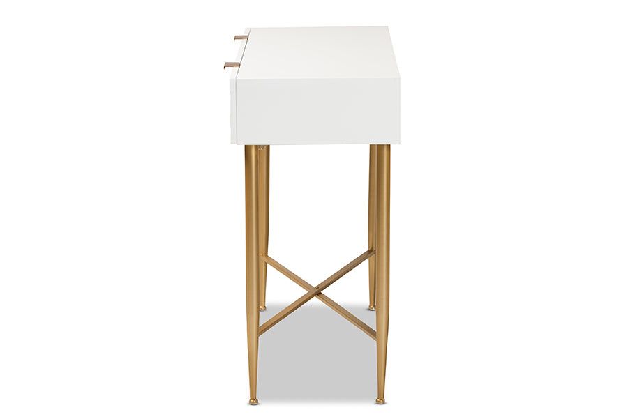 Baxton Studio Galia Modern and Contemporary White Finished Wood and Gold Metal 1-Drawer Console Table