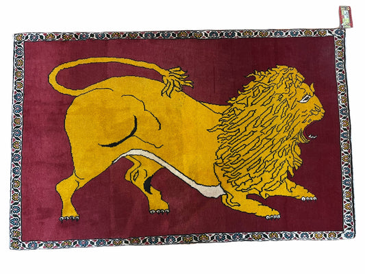 Persian Gabbeh Rug 3x4, Lion Pictorial, Red