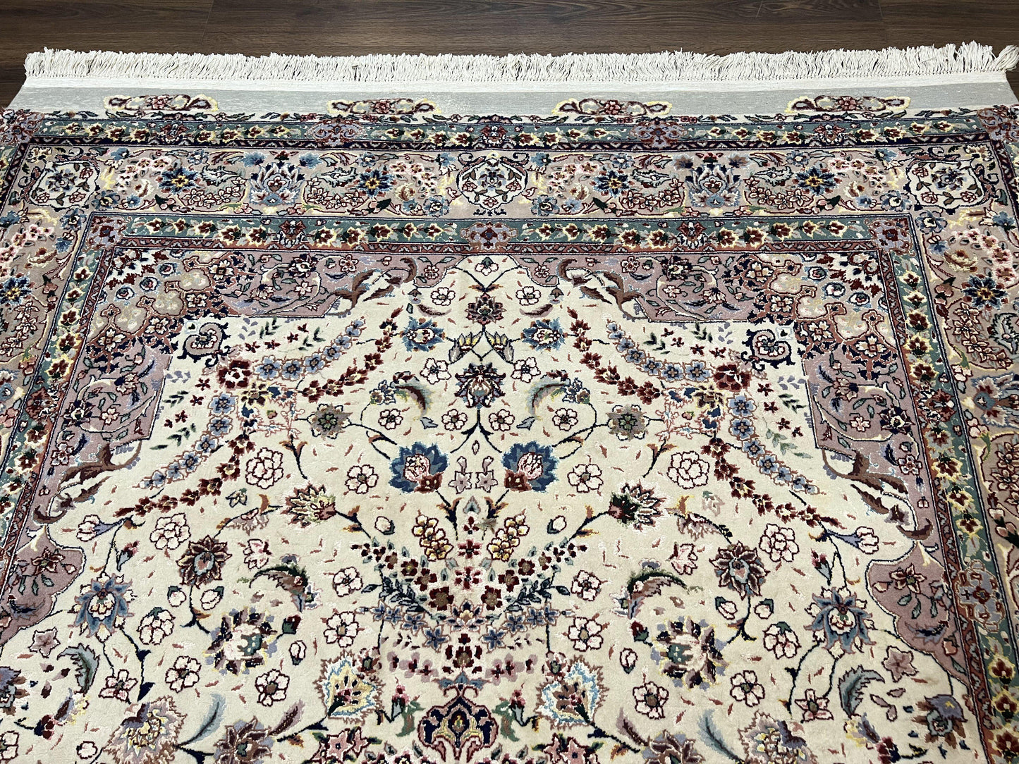 Beautiful Pak Persian Rug 6x9, Floral Medallion, Wool and Silk, Highly Detailed Elegant Carpet, Vintage Oriental Rug 6 x 9, Cream and Gray