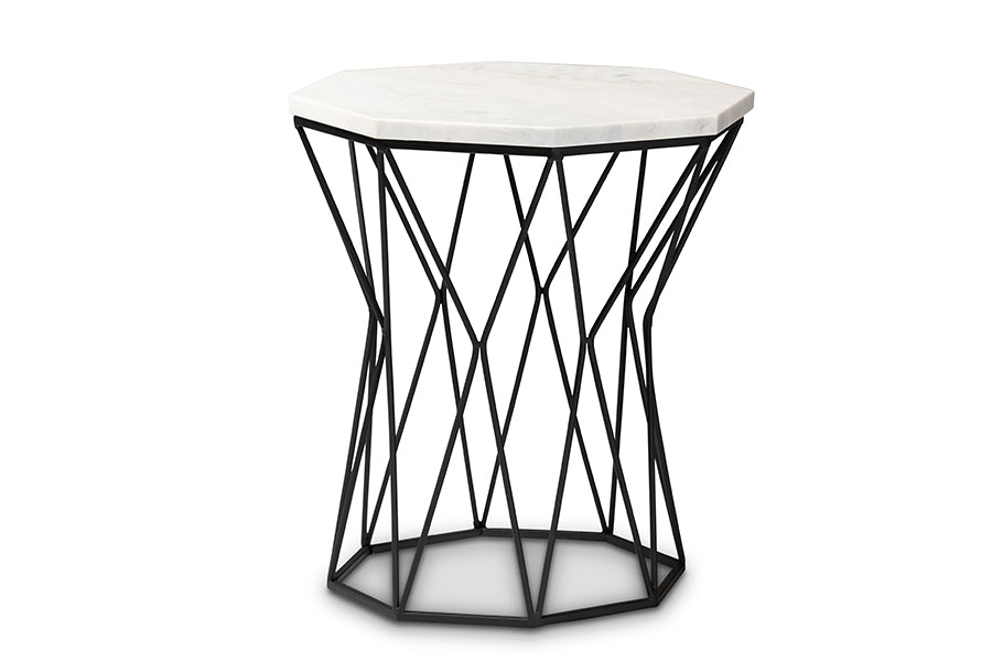 Baxton Studio Venedict Modern and Contemporary Black Metal End Table with Marble Tabletop