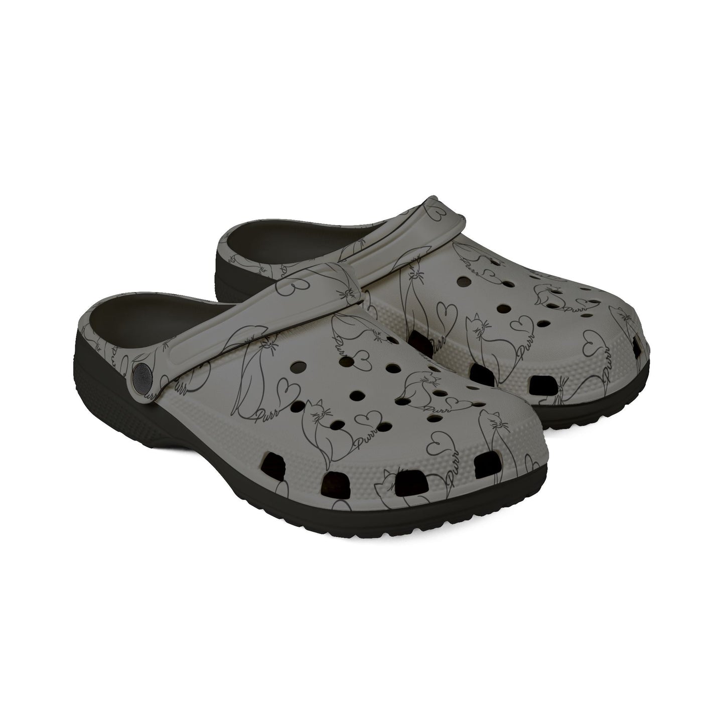 Minimalist Cat Line Art EVA Clogs – Grey All-Over Print Slip-Ons