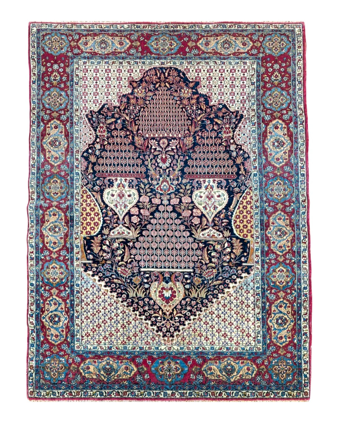 Antique Persian Tehran Rug 5x8, Midnight Blue and Red, Hand-Knotted, Wool