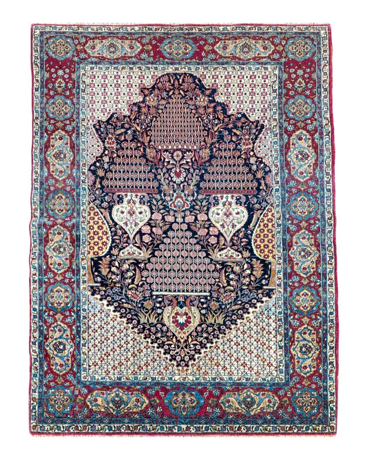 Antique Persian Tehran Rug 5x8, Midnight Blue and Red, Hand-Knotted, Wool