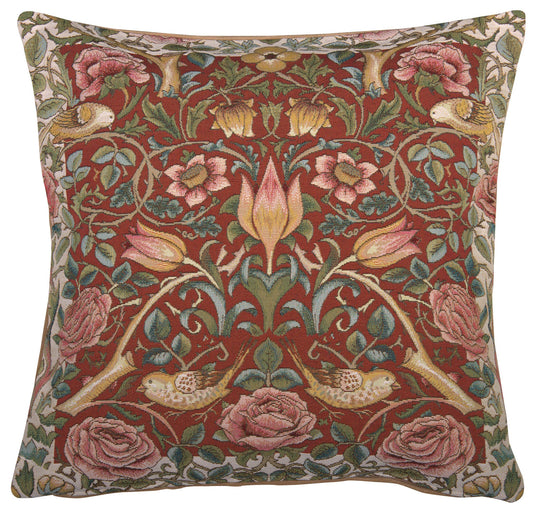 Roses and Birds Red French Cushion