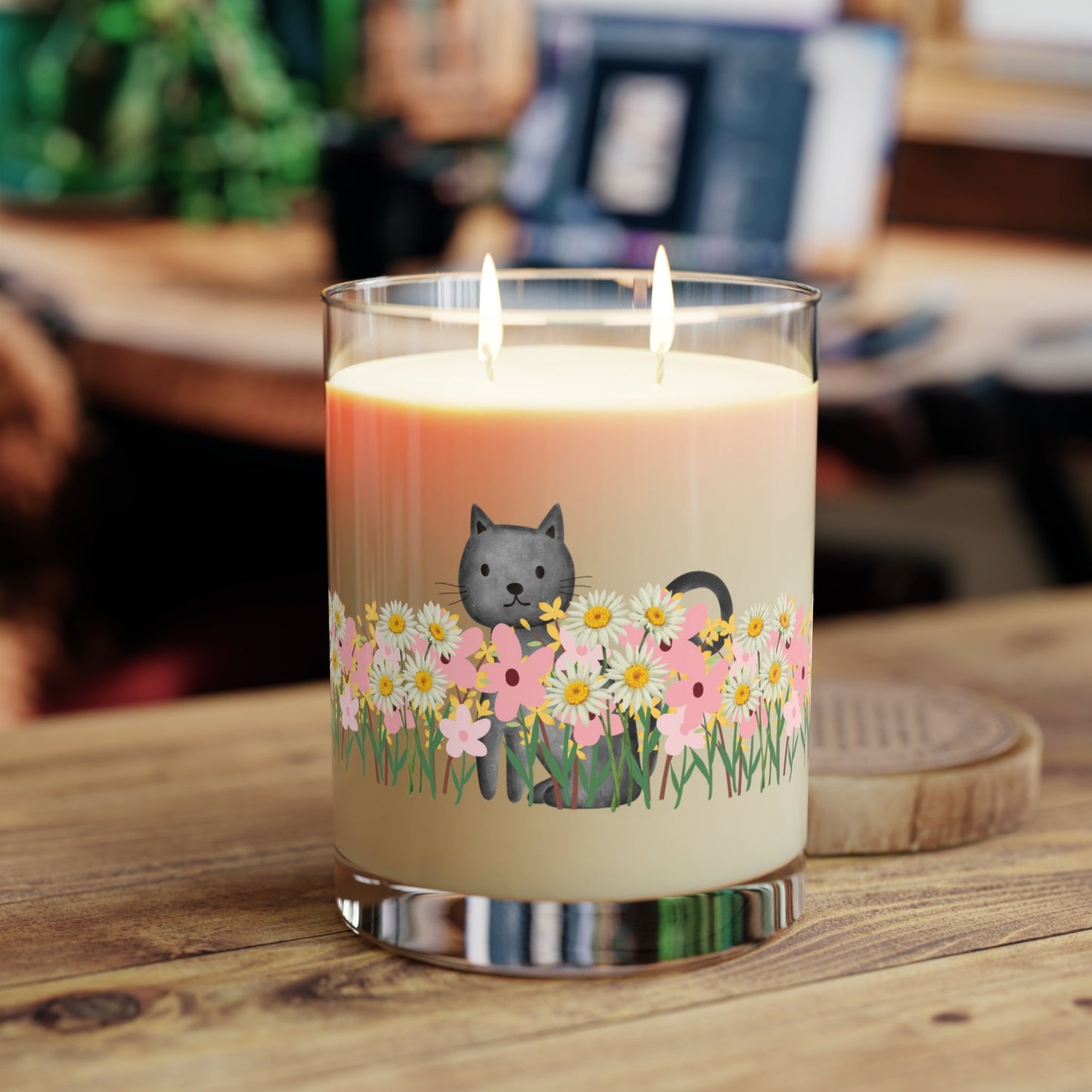 Floral Cat Glass Candle – Cozy Cat Lover Home Decor