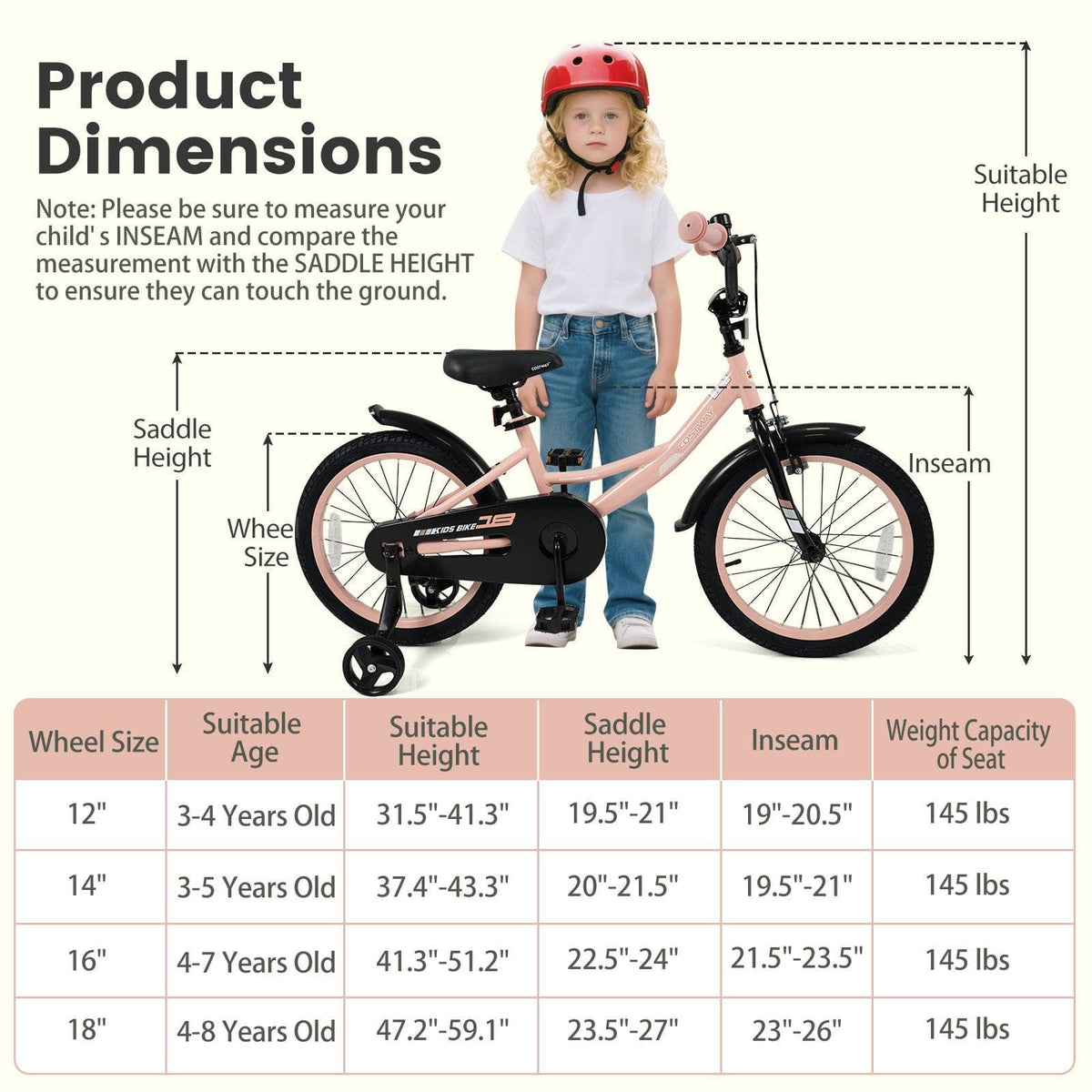 Kids Bike 12-18 Inch with Training Wheels - Pink