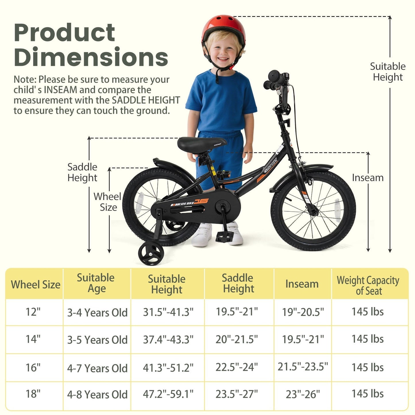 12/14/16/18 Inches Kids Bike with Removable Training Wheels and Adjustable Seatfor 3-8 Years Old Black