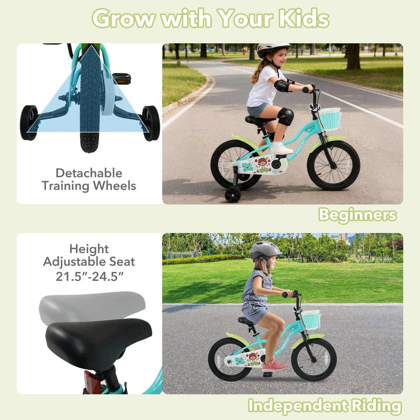 12/14/16 Inch Kids Bike with Training Wheels and Basket Green Color