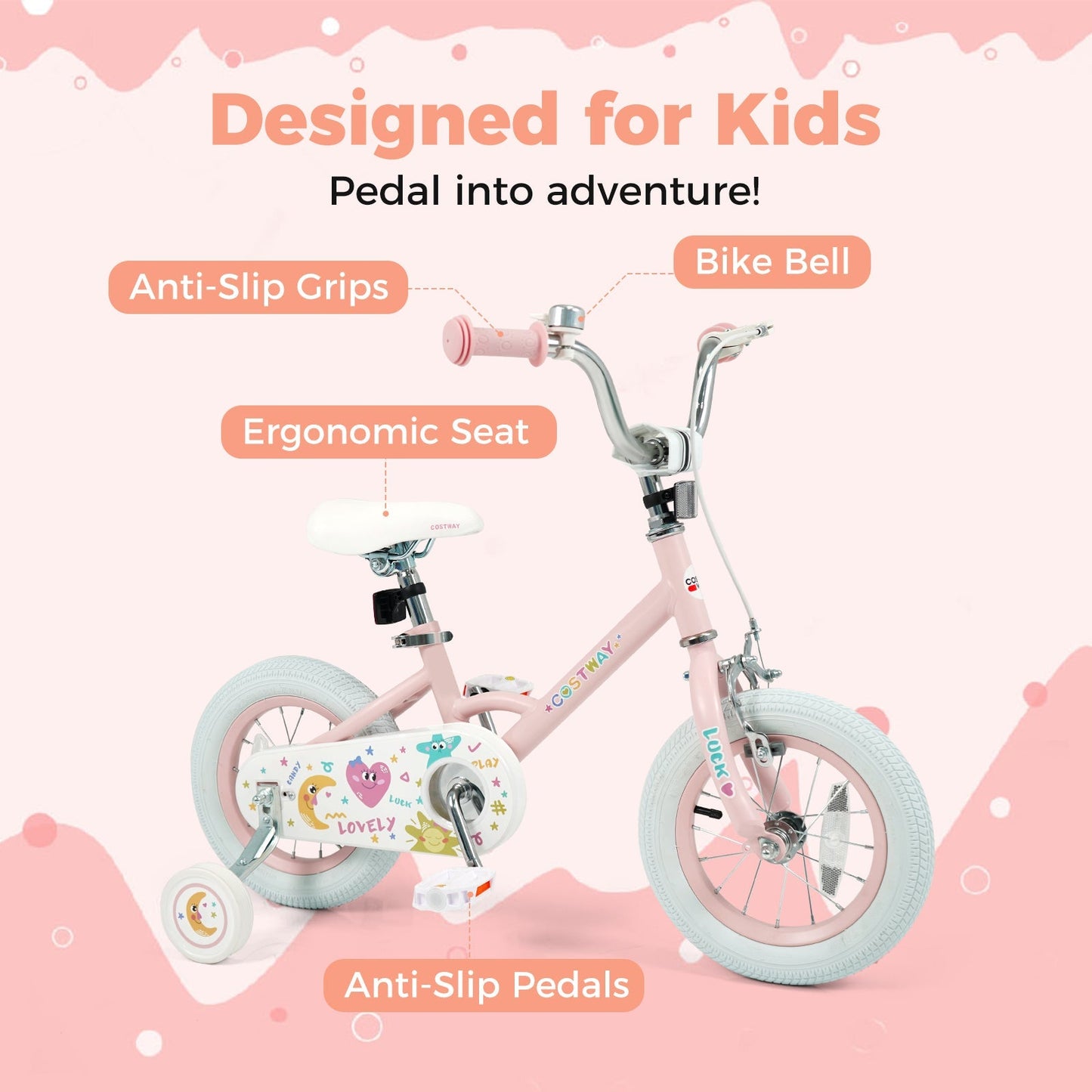 Kids Bike 12-18 Inch with Training Wheels - Pink Stars & Moon