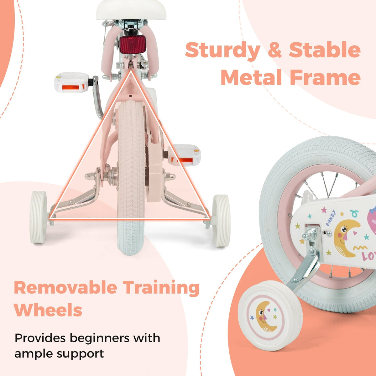 Kids Bike 12-18 Inch with Training Wheels - Pink Stars & Moon