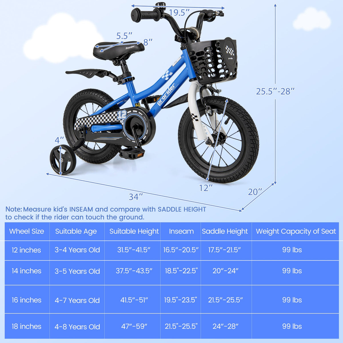 12 Inch Kids Bike Children Bicycle with Training Wheels for 3-4 Years Old-Navy