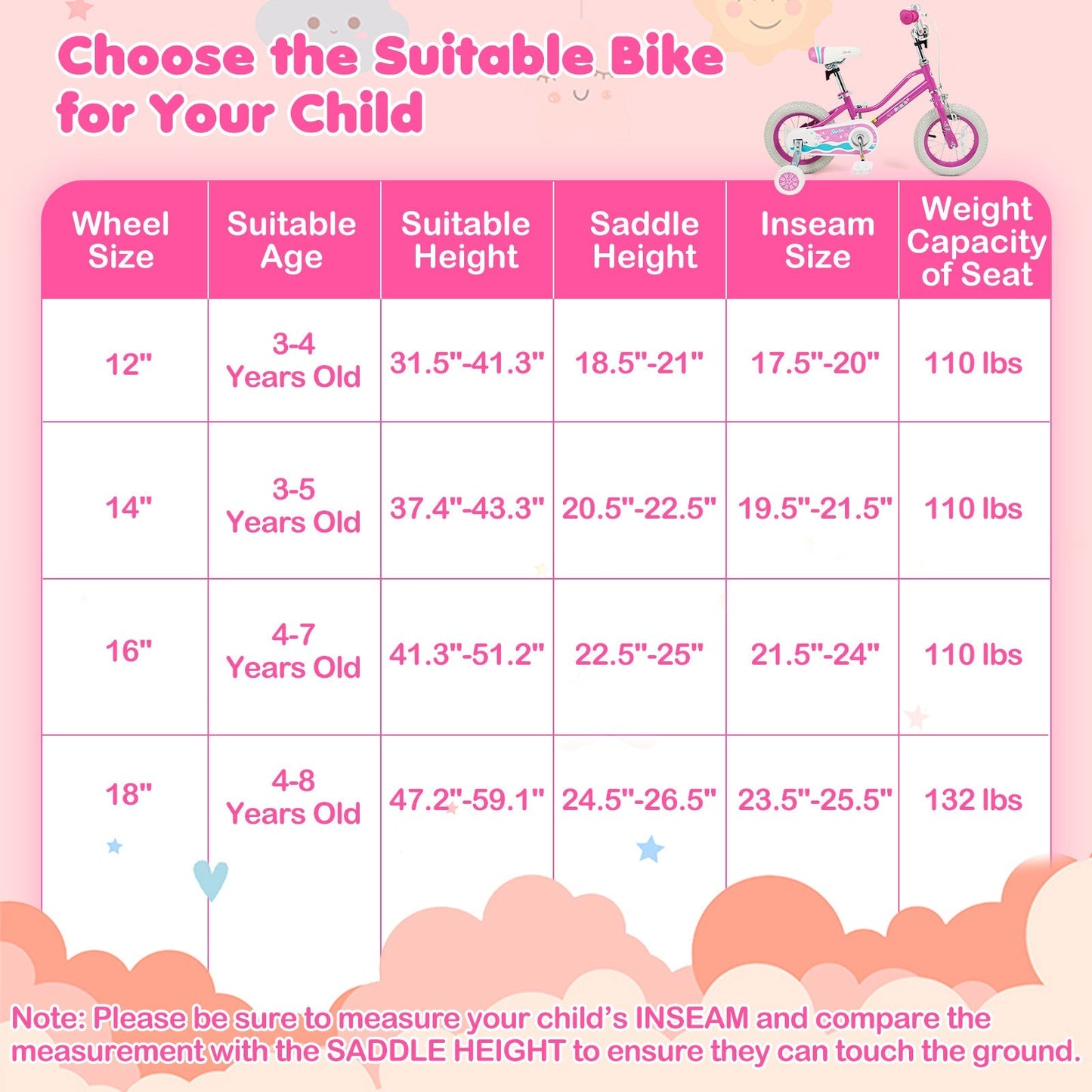 Kids Bike 12-18 Inch with Training Wheels - Pink