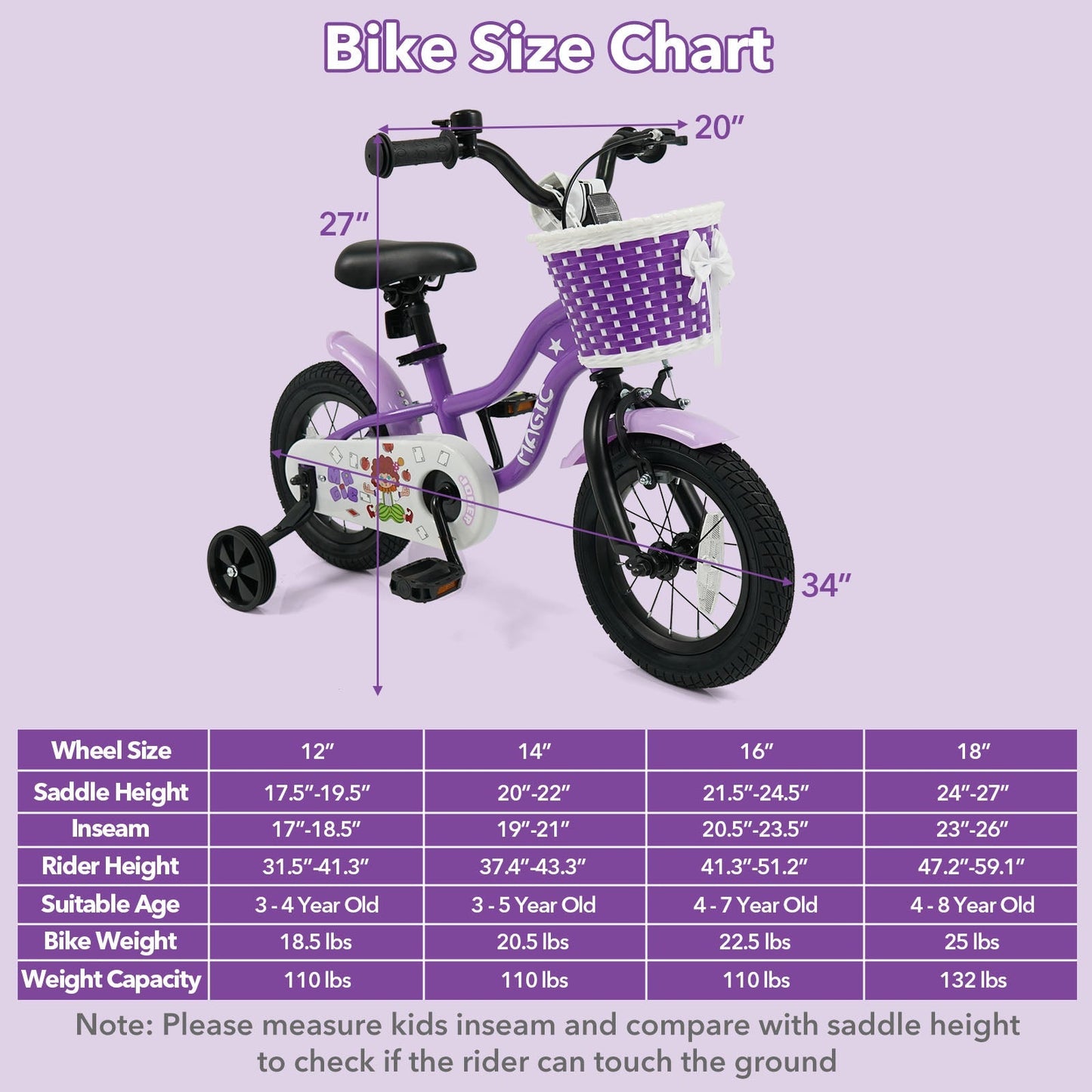 Kids Bike with Training Wheels 12-18 Inch - Purple